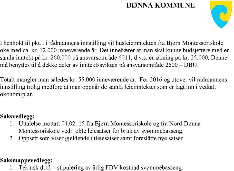 Totalt mangler man således kr. 55.000 inneværende år. For 2016 og utover vil rådmannens innstilling trolig medføre at man oppnår de samla leieinntekter som er lagt inn i vedtatt økonomiplan.