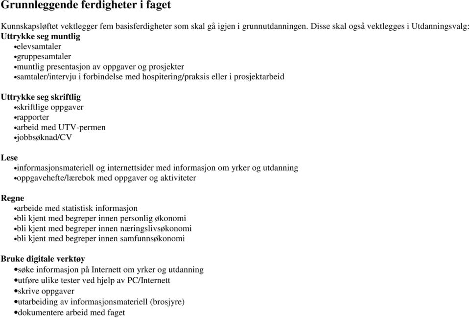 eller i prosjektarbeid Uttrykke seg skriftlig skriftlige oppgaver rapporter arbeid med UTV-permen jobbsøknad/cv Lese informasjonsmateriell og internettsider med informasjon om yrker og utdanning