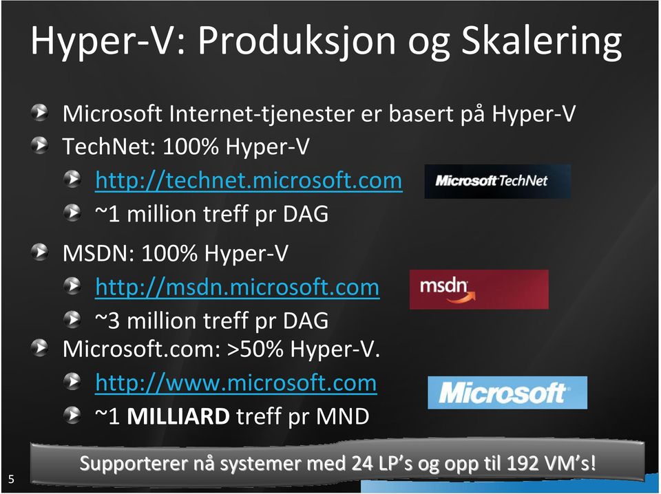 com ~1 million treffpr DAG MSDN: 100% Hyper-V http://msdn.microsoft.