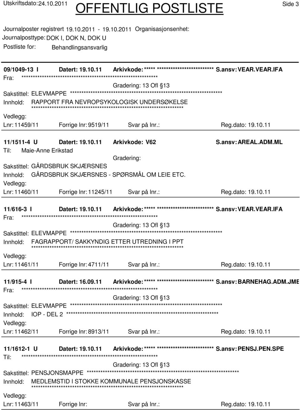 ansv: AREAL.ADM.ML Til: Maie-Anne Erikstad Sakstittel: GÅRDSBRUK SKJÆRSNES Innhold: GÅRDSBRUK SKJÆRSNES - SPØRSMÅL OM LEIE ETC. Lnr: 11460/11 Forrige lnr: 11245/11 Svar på lnr.: Reg.dato: 19.10.