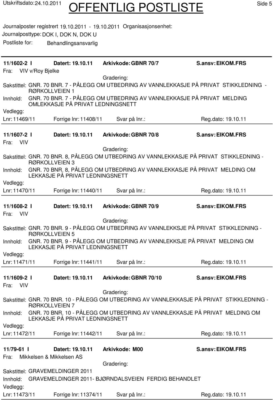 11 11/1607-2 I Datert: 19.10.11 Arkivkode:GBNR 70/8 Fra: VIV Sakstittel: GNR. 70 BNR.