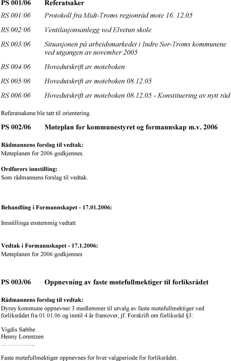 Hovedutskrift av møteboken 08.12.05 RS 006/06 Hovedutskrift av møteboken 08.12.05 - Konstituering av nytt råd Referatsakene ble tatt til orientering.