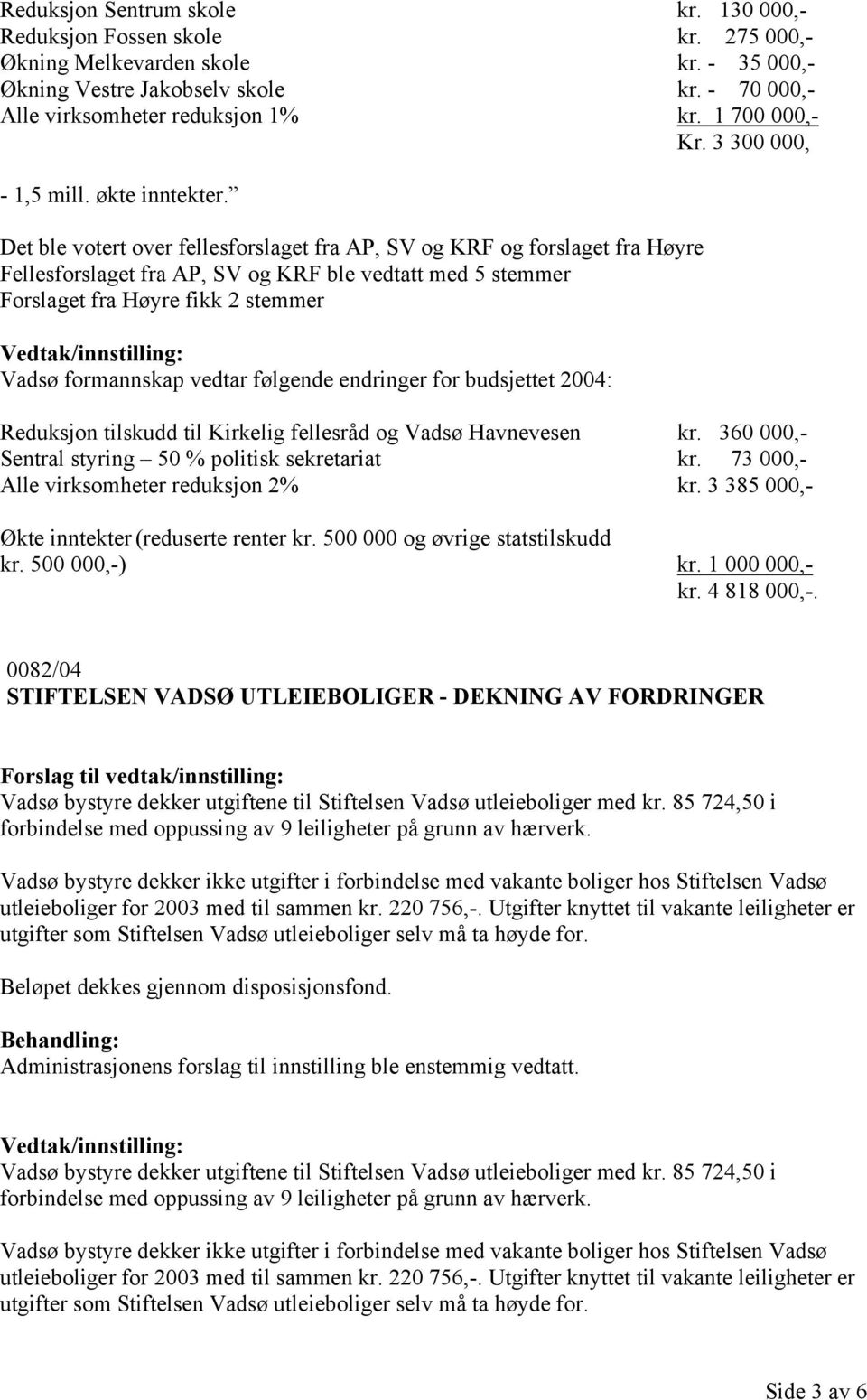 Det ble votert over fellesforslaget fra AP, SV og KRF og forslaget fra Høyre Fellesforslaget fra AP, SV og KRF ble vedtatt med 5 stemmer Forslaget fra Høyre fikk 2 stemmer Vadsø formannskap vedtar