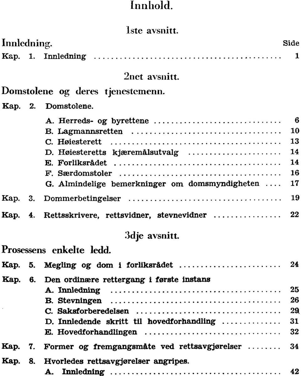 Rettsskrivere, rettsvidner, stevnevidner 22 Prosessens enkelte ledd. 3dje avsnitt. Kap. 5. Megling og dom i forliksrådet 24 Kap. 6. Den ordinære rettergang i første instans A. Innledning 25 B.