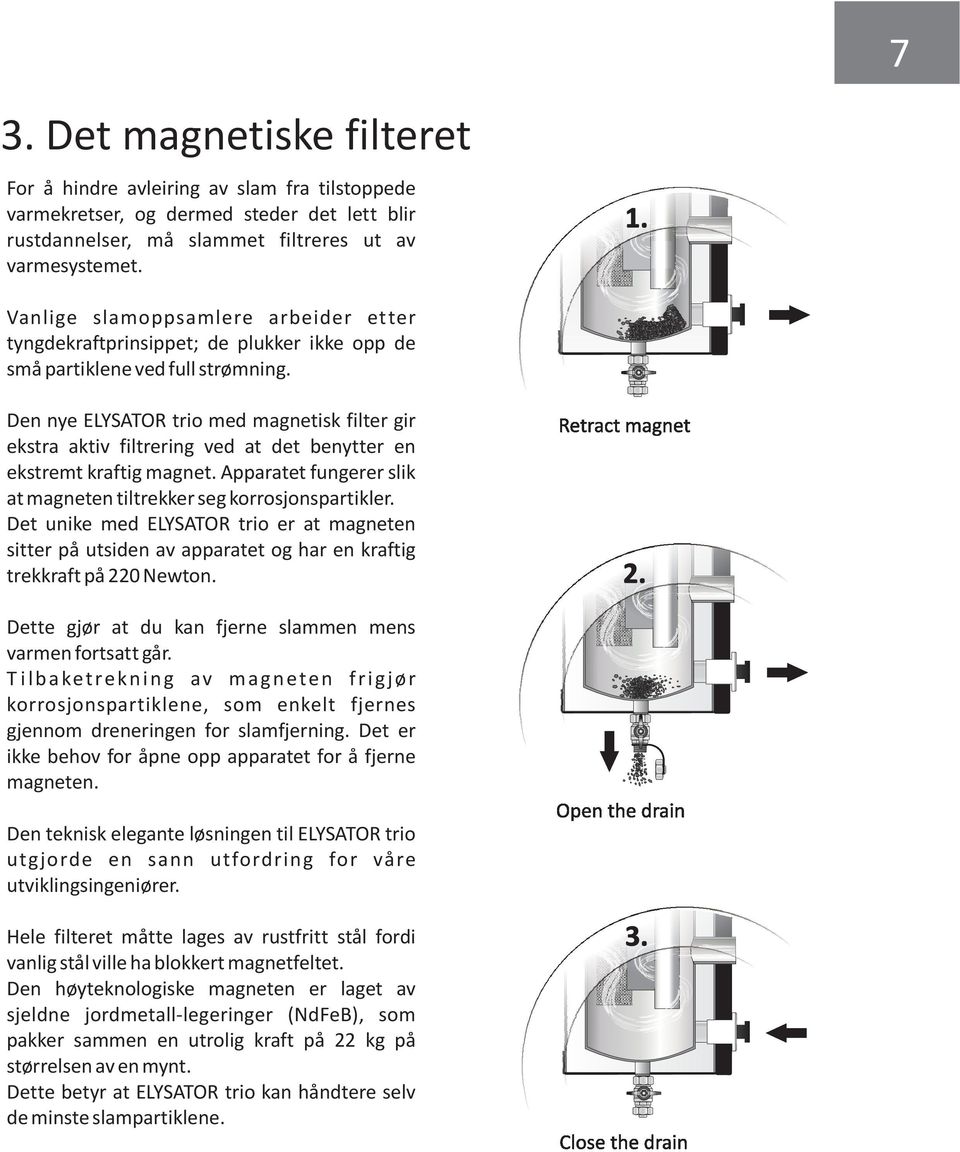 Den nye ELYSATOR trio med magnetisk filter gir ekstra aktiv filtrering ved at det benytter en ekstremt kraftig magnet. Apparatet fungerer slik at magneten tiltrekker seg korrosjonspartikler.