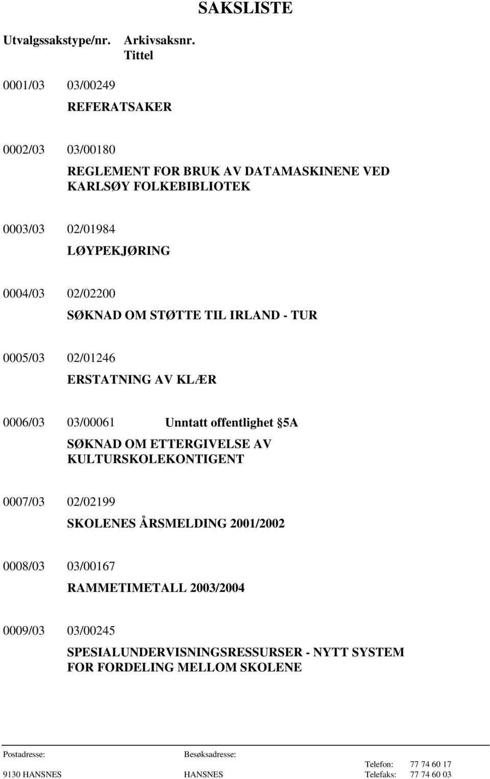 LØYPEKJØRING 0004/03 02/02200 SØKNAD OM STØTTE TIL IRLAND - TUR 0005/03 02/01246 ERSTATNING AV KLÆR 0006/03 03/00061 Unntatt