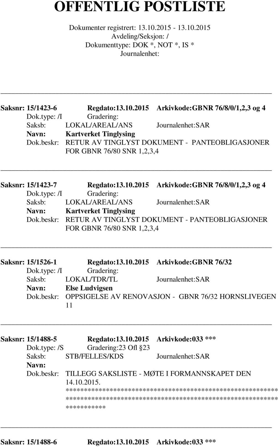 beskr: RETUR AV TINGLYST DOKUMENT - PANTEOBLIGASJONER FOR GBNR 76/80 SNR 1,2,3,4 Saksnr: 15/1526-1 Regdato:13.10.2015 Arkivkode:GBNR 76/32 Saksb: LOKAL/TDR/TL SAR Else Ludvigsen Dok.