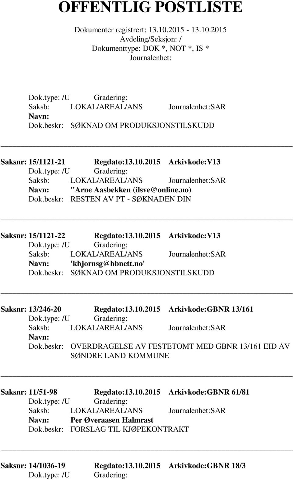 beskr: SØKNAD OM PRODUKSJONSTILSKUDD Saksnr: 13/246-20 Regdato:13.10.2015 Arkivkode:GBNR 13/161 Dok.