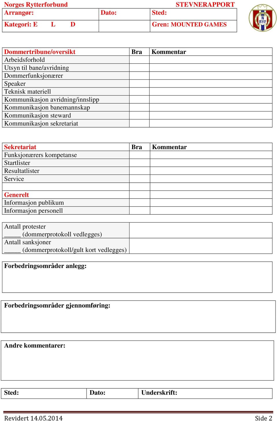 Startlister Resultatlister Service Generelt Informasjon publikum Informasjon personell Antall protester (dommerprotokoll vedlegges) Antall sanksjoner