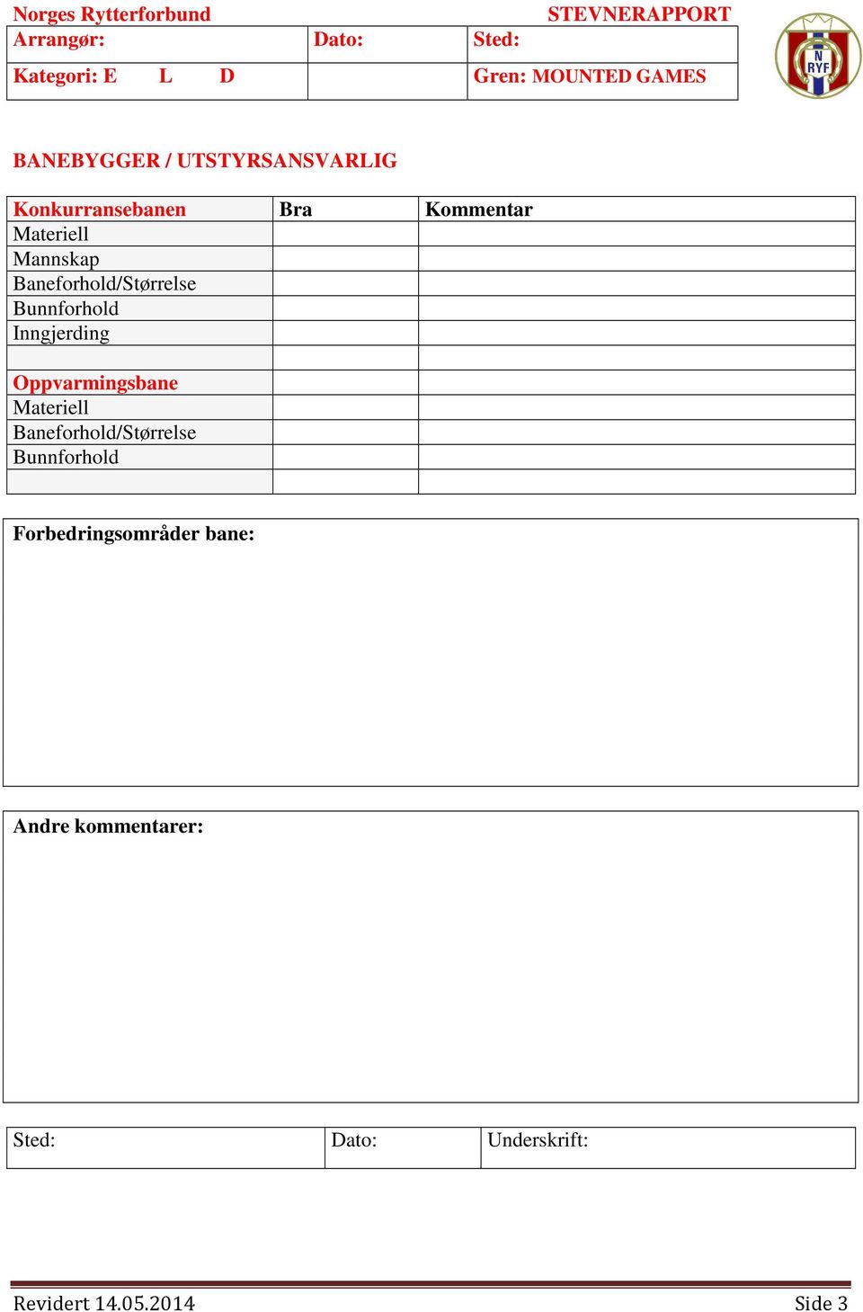 Materiell Baneforhold/Størrelse Bunnforhold Forbedringsområder bane: