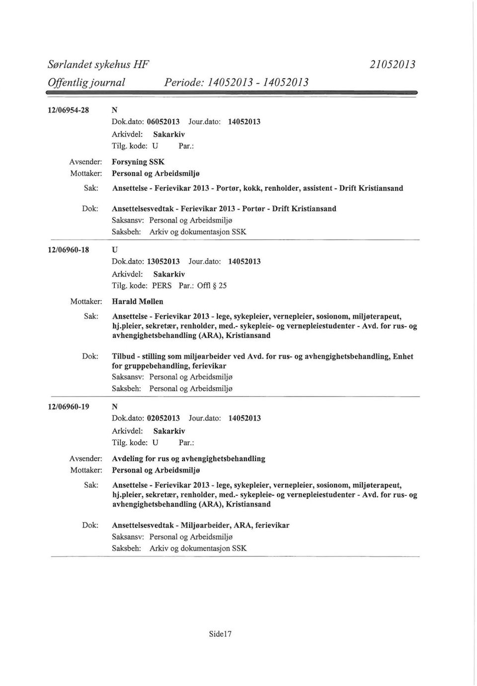 dokumentasjon SSK 12/06960-18 u Tilg. kode: PERS Par.: Offl 25 Harald Møllen Ansettelse- Ferievikar 2013 -lege, sykepleier, vernepleier, sosionom, miljøterapeut, hj.pleier, sekretær, renholder, med.