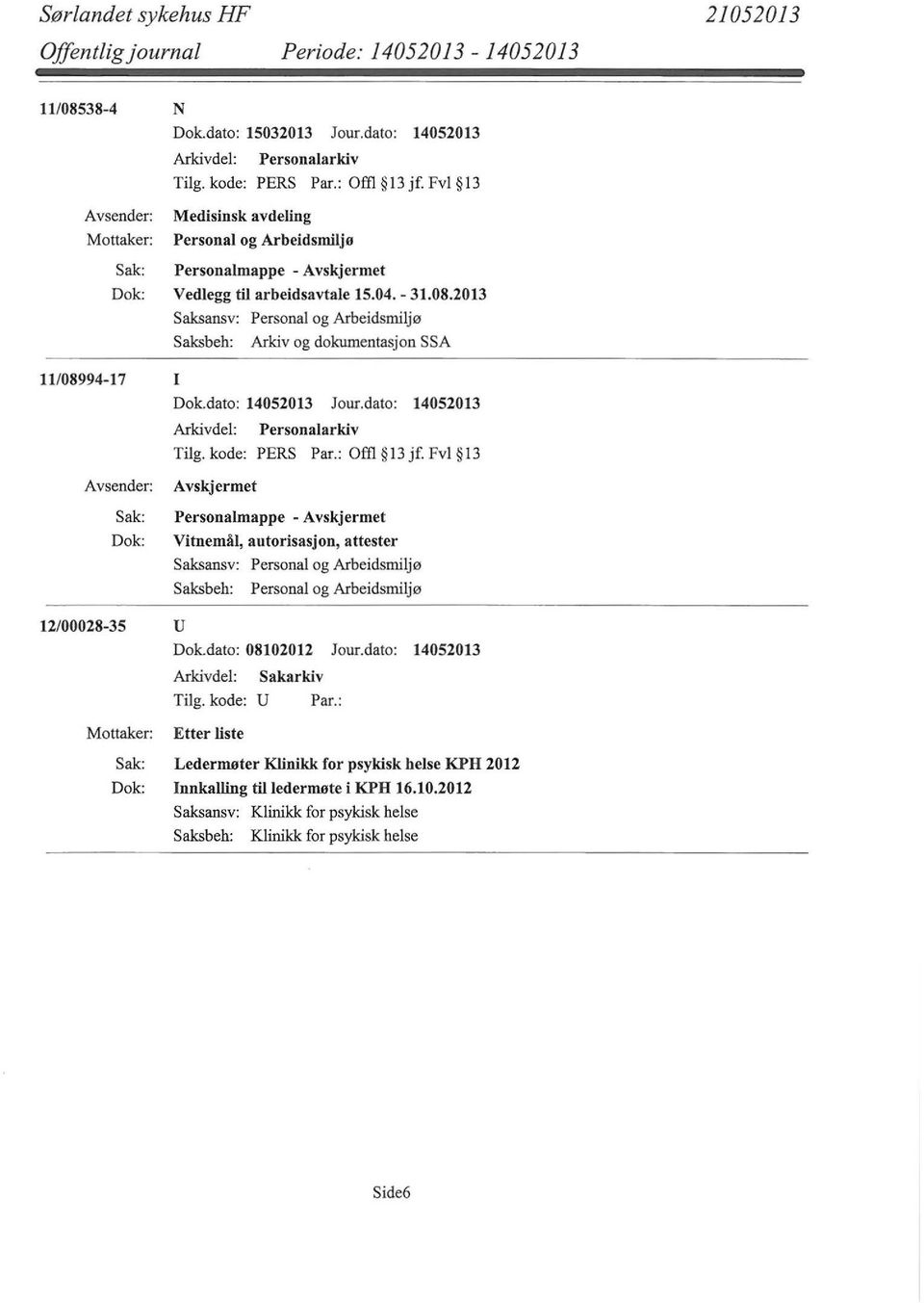 dato: 14052013 Jour.dato: 14052013 Tilg. kode: PERS Par.: Offi 13 jf. Fvl 13 Personalmappe - Vitnemål, autorisasjon, attester 12/00028-35 u Dok.