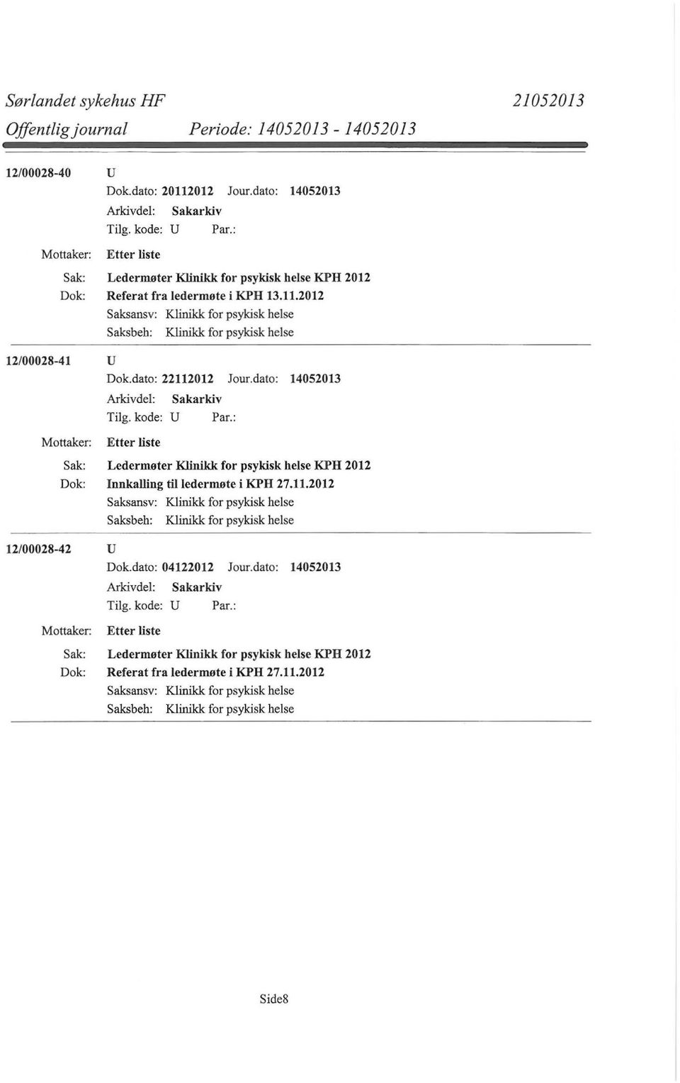 2012 Saksansv: Klinikk for psykisk helse Saksbeh: Klinikk for psykisk helse 12/00028-41 u Dok.dato: 22112012 Jour.