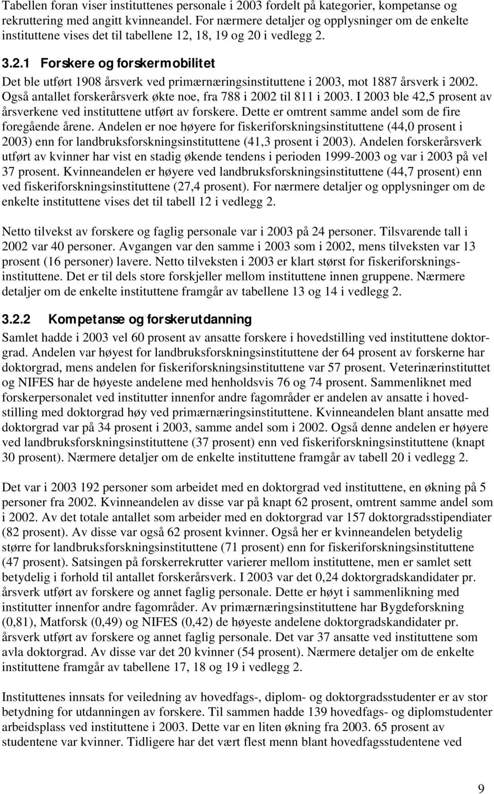 18, 19 og 20 i vedlegg 2. 3.2.1 Forskere og forskermobilitet Det ble utført 1908 årsverk ved primærnæringsinstituttene i 2003, mot 1887 årsverk i 2002.