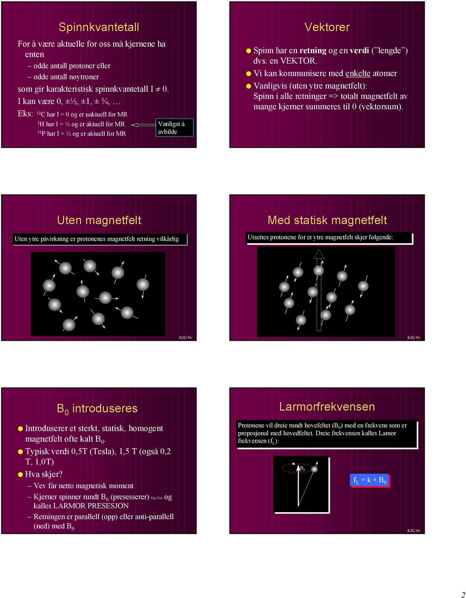 verdi ( lengde ) dvs. en VEKTOR. Vi kan kommunisere med enkelte atomer Vanligvis (uten ytre magnetfelt): Spinn i alle retninger => totalt magnetfelt av mange kjerner summeres til 0 (vektorsum).