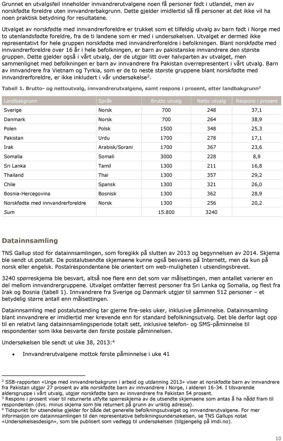 Utvalget av norskfødte med innvandrerforeldre er trukket som et tilfeldig utvalg av barn født i Norge med to utenlandsfødte foreldre, fra de ti landene som er med i undersøkelsen.