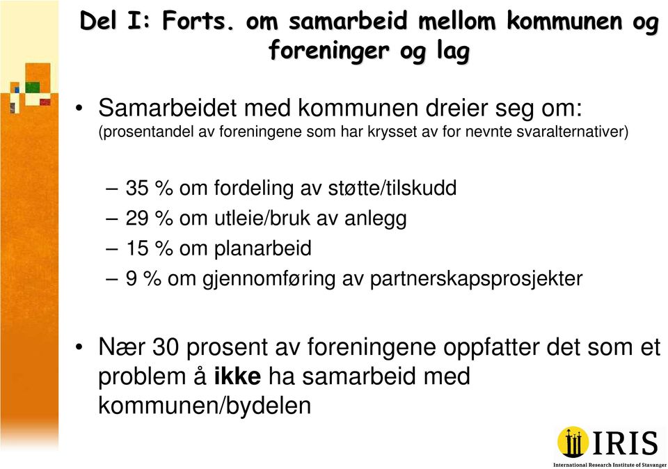 (prosentandel av foreningene som har krysset av for nevnte svaralternativer) 35 % om fordeling av