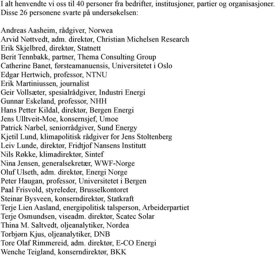 professor, NTNU Erik Martiniussen, journalist Geir Vollsæter, spesialrådgiver, Industri Energi Gunnar Eskeland, professor, NHH Hans Petter Kildal, direktør, Bergen Energi Jens Ulltveit-Moe,