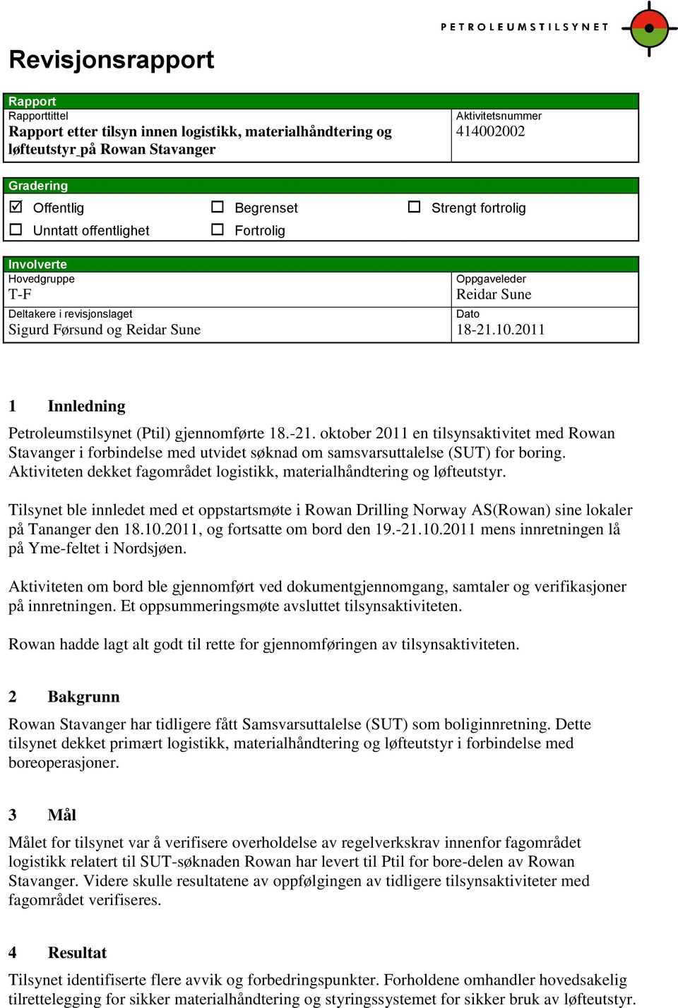 2011 Dato 1 Innledning Petroleumstilsynet (Ptil) gjennomførte 18.-21. oktober 2011 en tilsynsaktivitet med Rowan Stavanger i forbindelse med utvidet søknad om samsvarsuttalelse (SUT) for boring.
