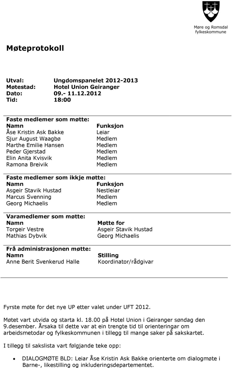 2012 Tid: 18:00 Faste medlemer sm møtte: Åse Kristin Ask Bakke Sjur August Waagbø Marthe Emilie Hansen Peder Gjerstad Elin Anita Kvisvik Ramna Breivik Funksjn Leiar Faste medlemer sm ikkje møtte: