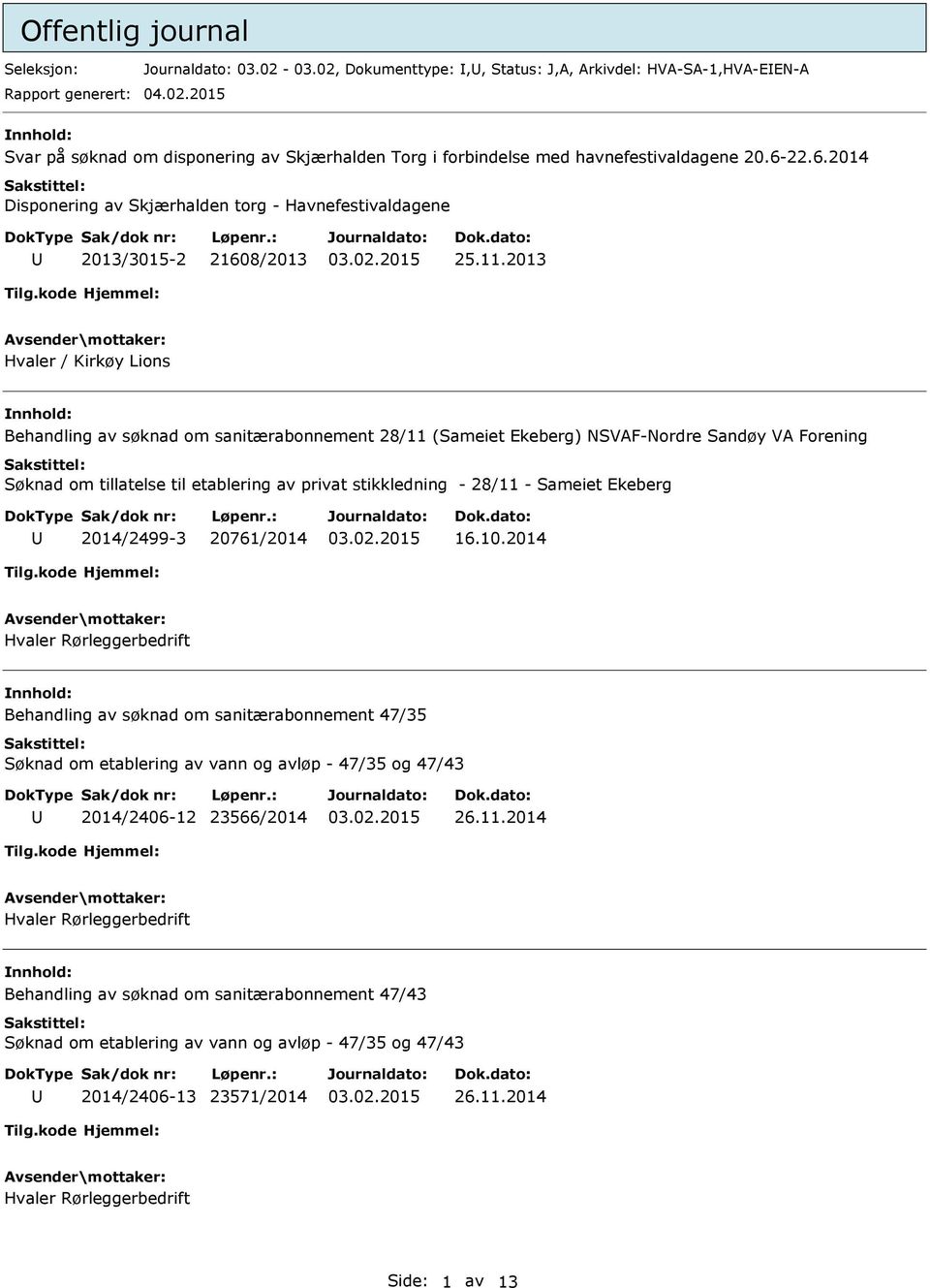 2013 Hvaler / Kirkøy Lions nnhold: Behandling av søknad om sanitærabonnement 28/11 (Sameiet Ekeberg) NSVAF-Nordre Sandøy VA Forening Søknad om tillatelse til etablering av privat stikkledning - 28/11