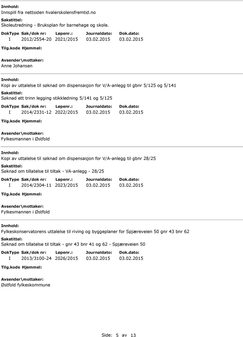 2014/2331-12 2022/2015 Fylkesmannen i Østfold nnhold: Kopi av uttalelse til søknad om dispensasjon for V/A-anlegg til gbnr 28/25 Søknad om tillatelse til tiltak - VA-anlegg - 28/25