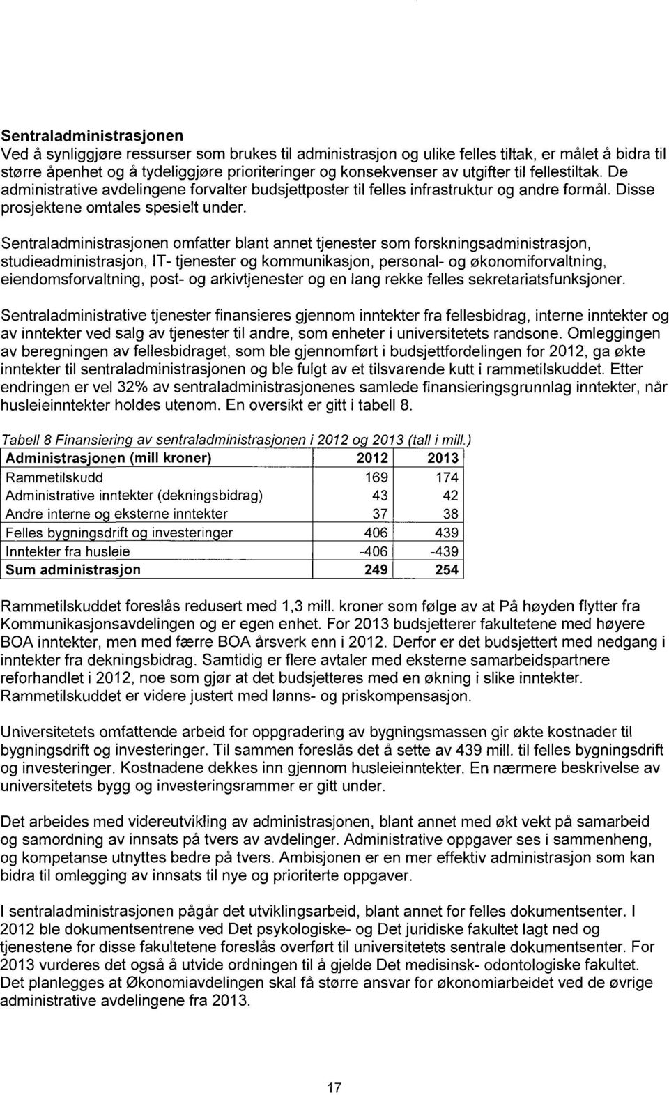 Sentraladministrasjonen omfatter blant annet tjenester som forskningsadministrasjon, studieadministrasjon, IT- tjenester og kommunikasjon, personal- og økonomiforvaltning, eiendomsforvaltning, post-