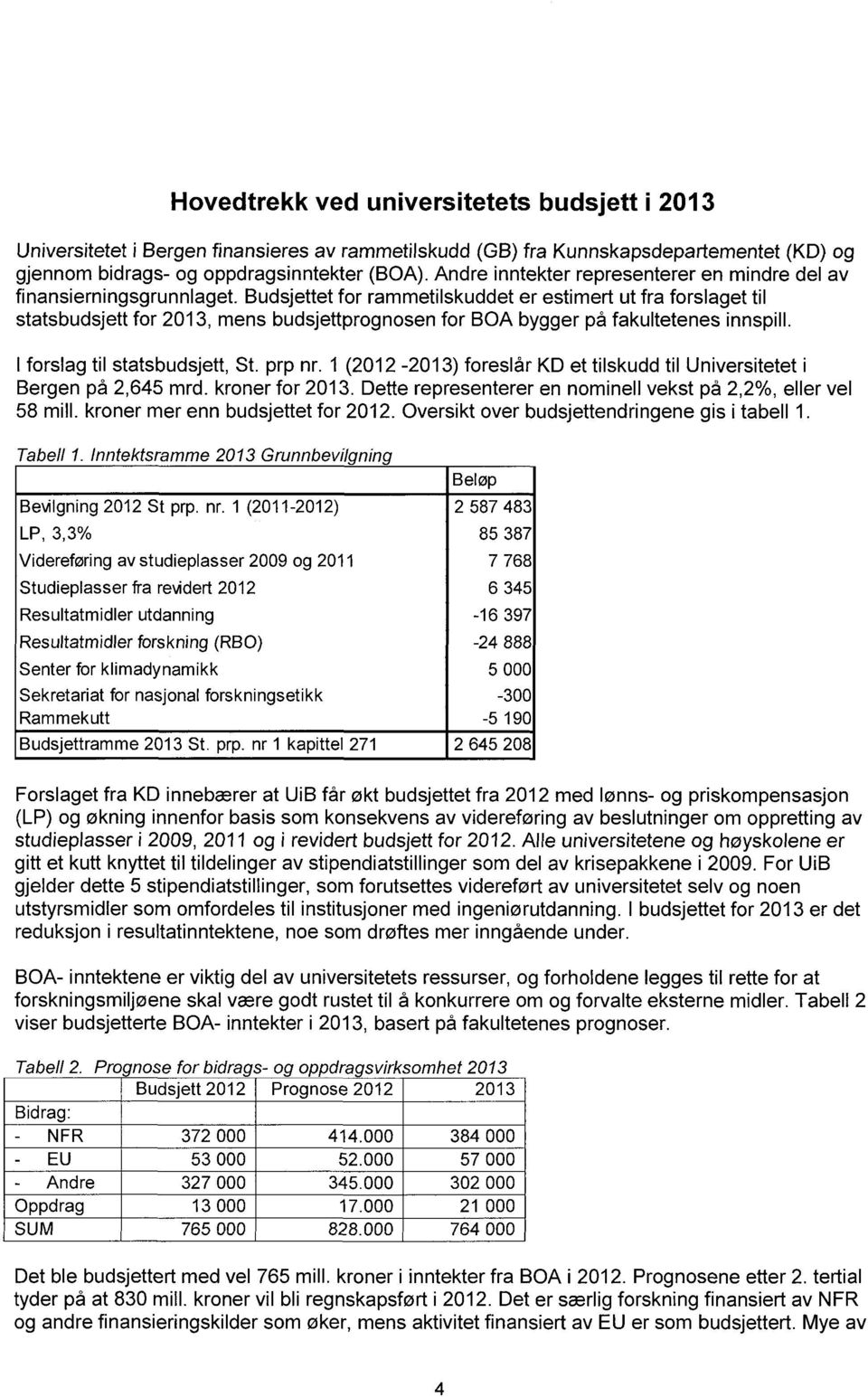 Budsjettet for rammetilskuddet er estimert ut fra forslaget til statsbudsjett for 2013, mens budsjettprognosen for BOA bygger på fakultetenes innspill. I forslag til statsbudsjett, St. prp nr.