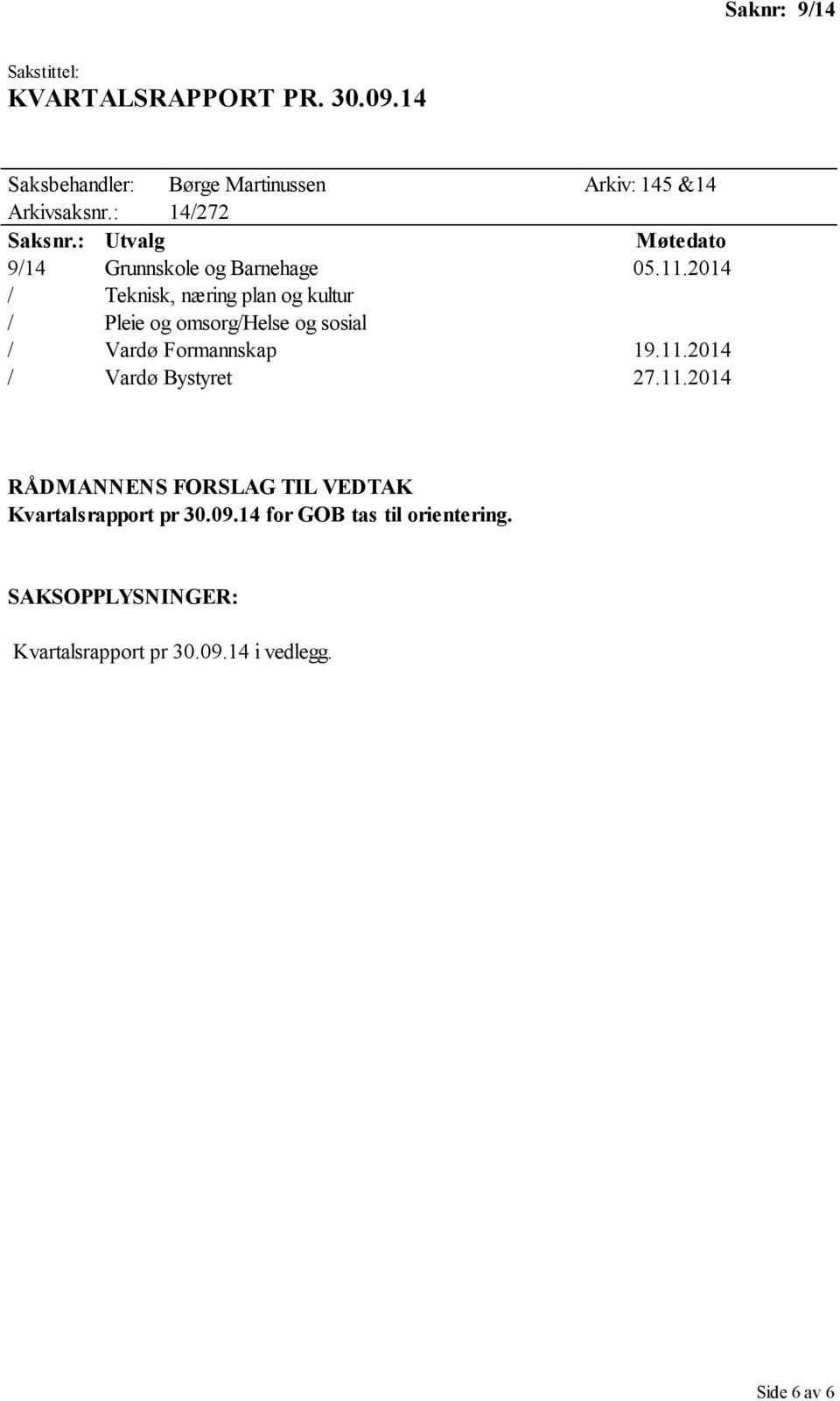 2014 / Teknisk, næring plan og kultur / Pleie og omsorg/helse og sosial / Vardø Formannskap 19.11.