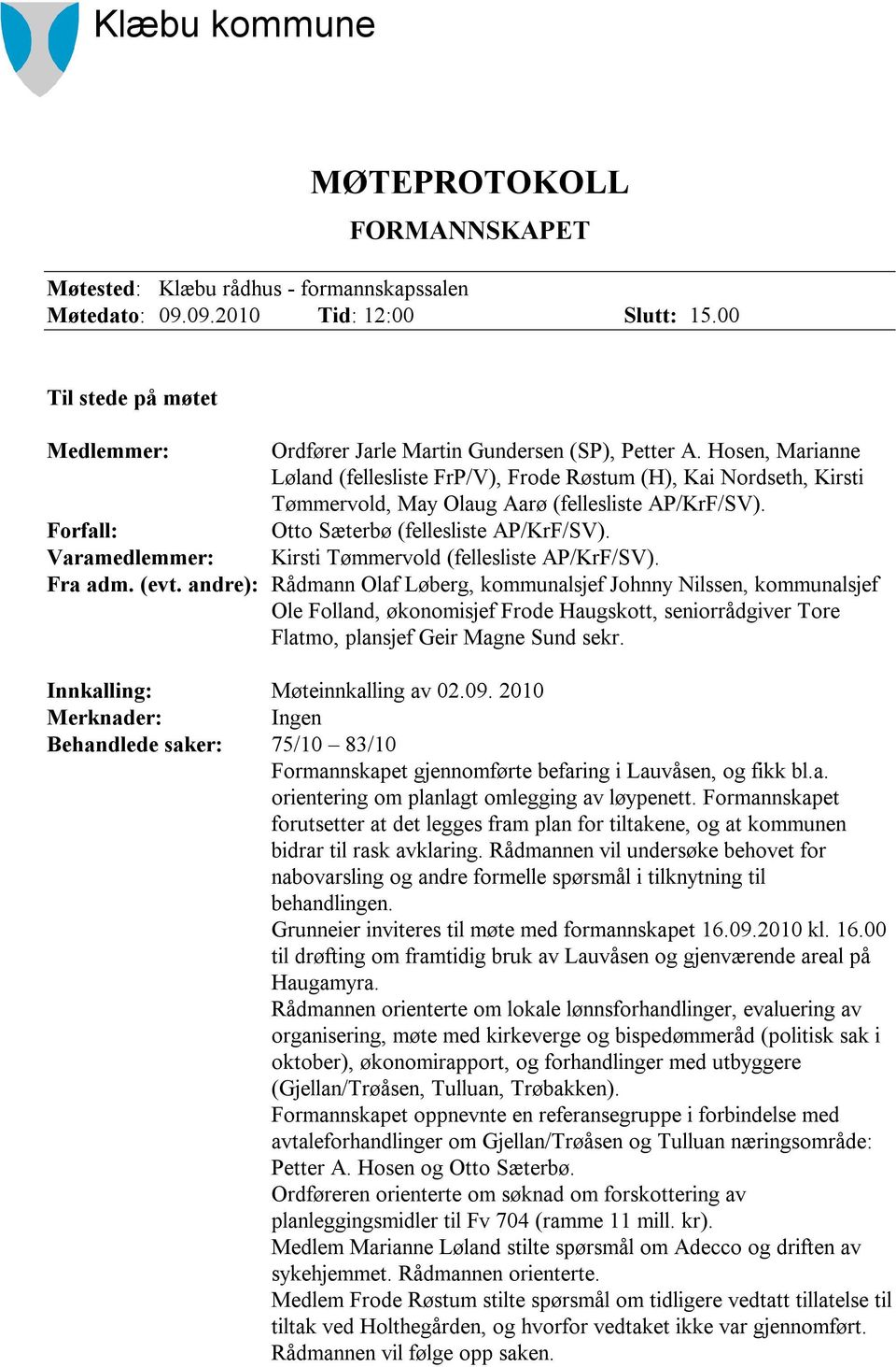 Hosen, Marianne Løland (fellesliste FrP/V), Frode Røstum (H), Kai Nordseth, Kirsti Tømmervold, May Olaug Aarø (fellesliste AP/KrF/SV). Forfall: Otto Sæterbø (fellesliste AP/KrF/SV).