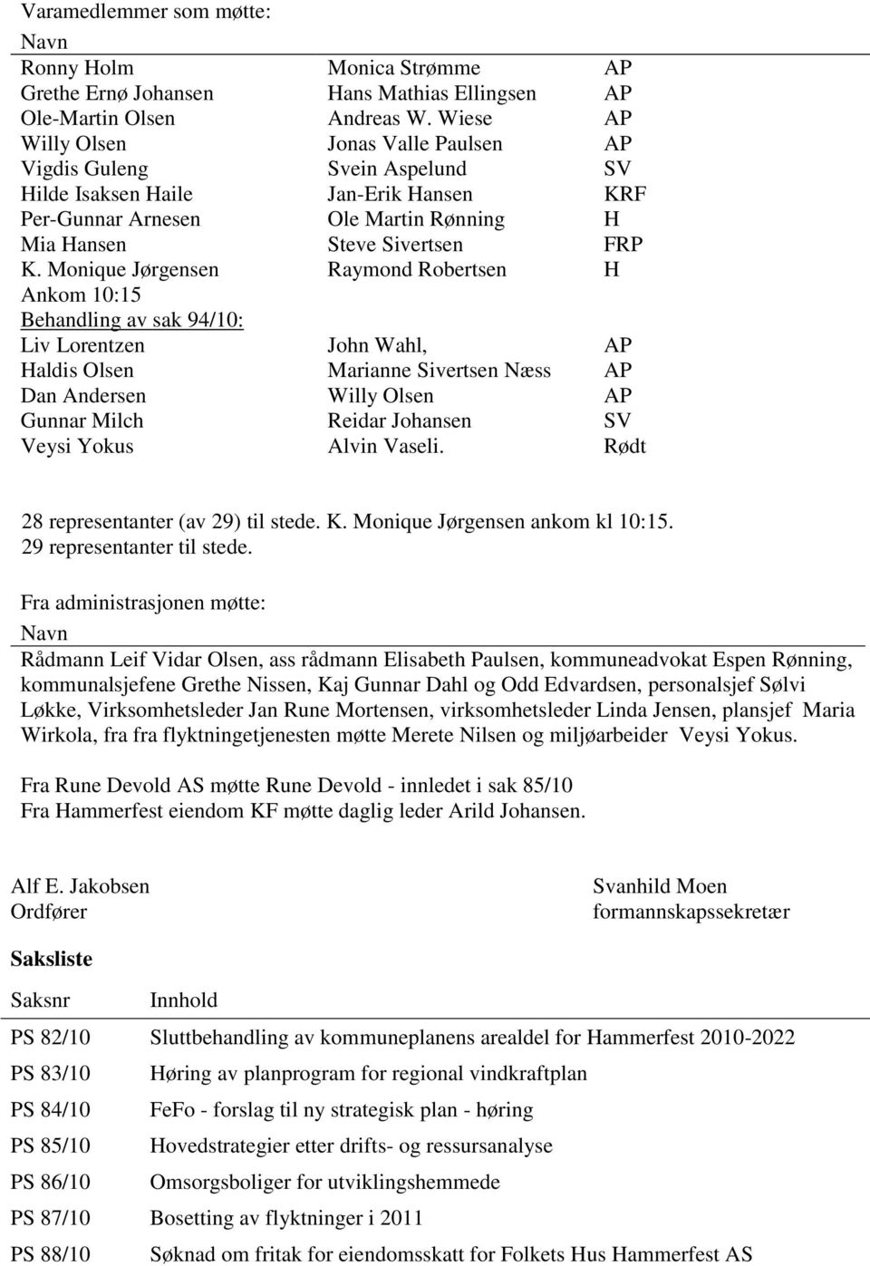 Monique Jørgensen Ankom 10:15 av sak 94/10: Liv Lorentzen Haldis Olsen Dan Andersen Gunnar Milch Veysi Yokus Steve Sivertsen Raymond Robertsen John Wahl, Marianne Sivertsen Næss Willy Olsen Reidar