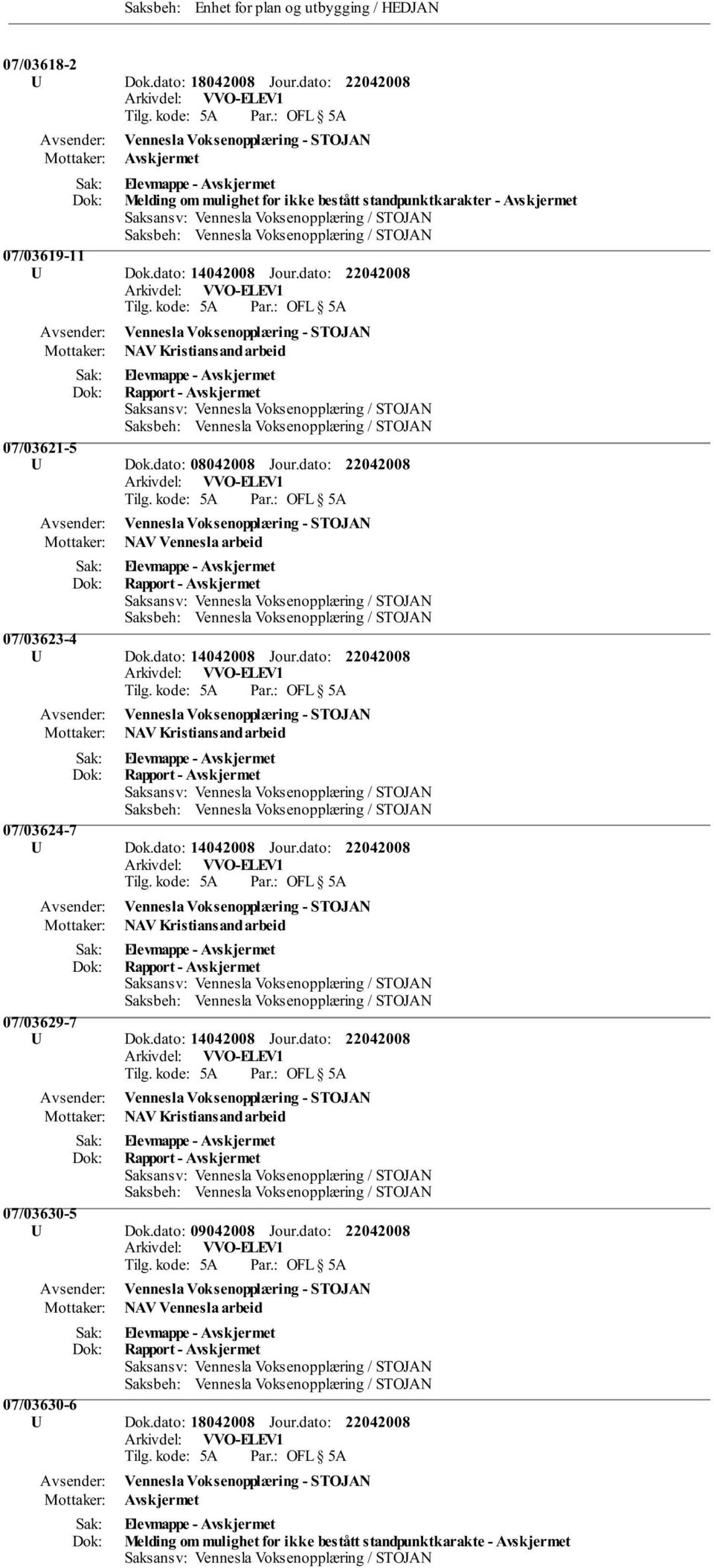 dato: 08042008 Jour.dato: NAV Vennesla arbeid 07/03623-4 U Dok.dato: 14042008 Jour.dato: NAV Kristiansand arbeid 07/03624-7 U Dok.dato: 14042008 Jour.dato: NAV Kristiansand arbeid 07/03629-7 U Dok.