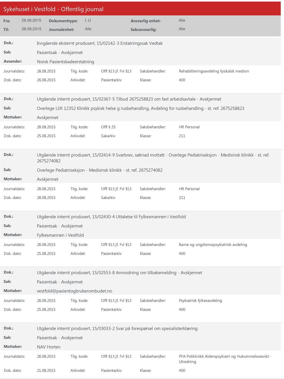 ref. 2675258823 Dok. dato: 25.08.2015 Arkivdel: Sakarkiv Utgående internt produsert, 15/02414-9 Svarbrev, søknad mottatt - Overlege Pediatriseksjon - Medisinsk klinikk - st. ref.