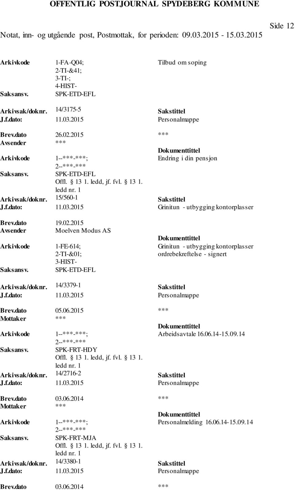 2015 Avsender Moelven Modus AS 1-FE-614; 2-TI-&01; 3-HIST- SPK-ETD-EFL Grinitun - utbygging kontorplasser ordrebekreftelse - signert Arkivsak/doknr. 14/3379-1 Sakstittel J.f.dato: 11.03.