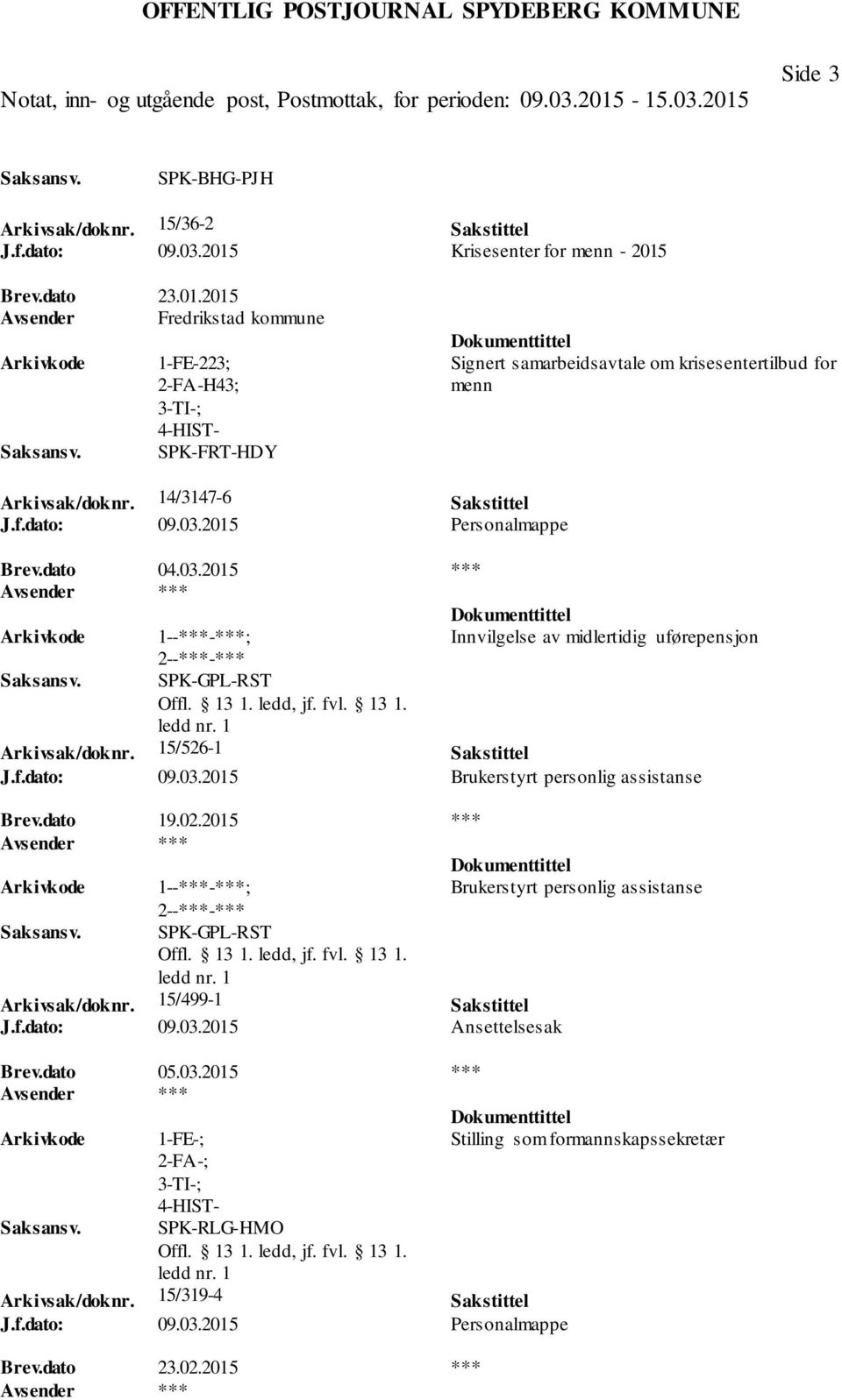 14/3147-6 Sakstittel J.f.dato: 09.03.2015 Personalmappe Brev.dato 04.03.2015 *** Innvilgelse av midlertidig uførepensjon SPK-GPL-RST Arkivsak/doknr. 15/526-1 Sakstittel J.f.dato: 09.03.2015 Brukerstyrt personlig assistanse Brev.