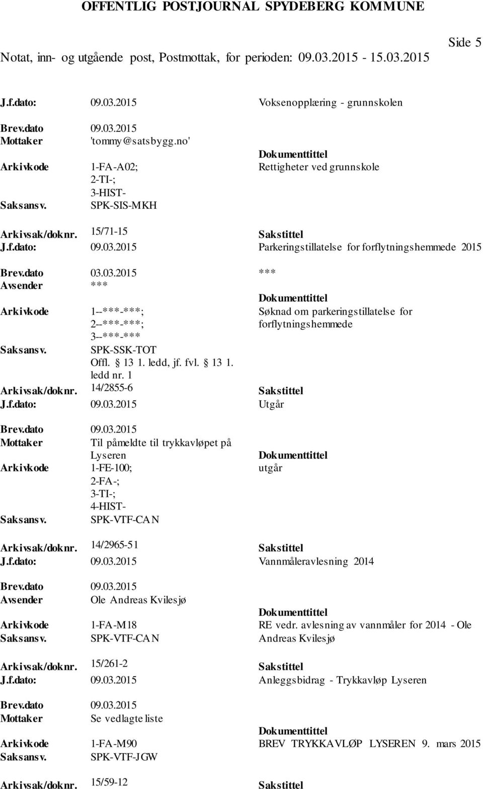 dato 09.03.2015 Mottaker Til påmeldte til trykkavløpet på Lyseren 1-FE-100; SPK-VTF-CAN utgår Arkivsak/doknr. 14/2965-51 Sakstittel J.f.dato: 09.03.2015 Vannmåleravlesning 2014 Brev.dato 09.03.2015 Avsender Ole Andreas Kvilesjø 1-FA-M18 RE vedr.