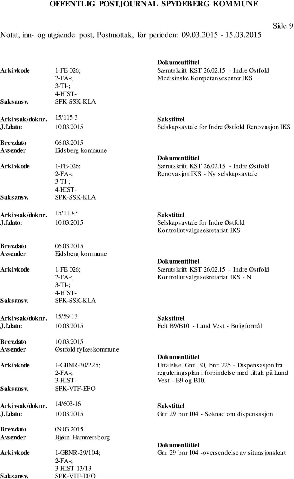 15/110-3 Sakstittel J.f.dato: 10.03.2015 Selskapsavtale for Indre Østfold Kontrollutvalgssekretariat IKS Brev.dato 06.03.2015 Avsender Eidsberg kommune 1-FE-026