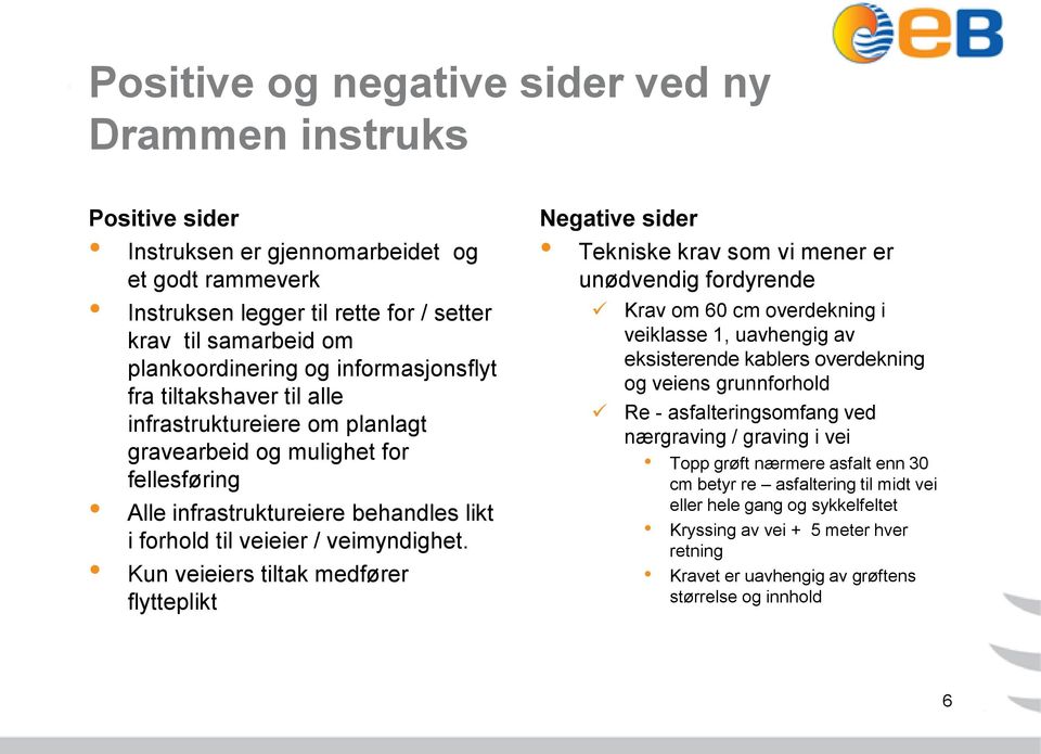 Kun veieiers tiltak medfører flytteplikt Negative sider Tekniske krav som vi mener er unødvendig fordyrende Krav om 60 cm overdekning i veiklasse 1, uavhengig av eksisterende kablers overdekning og