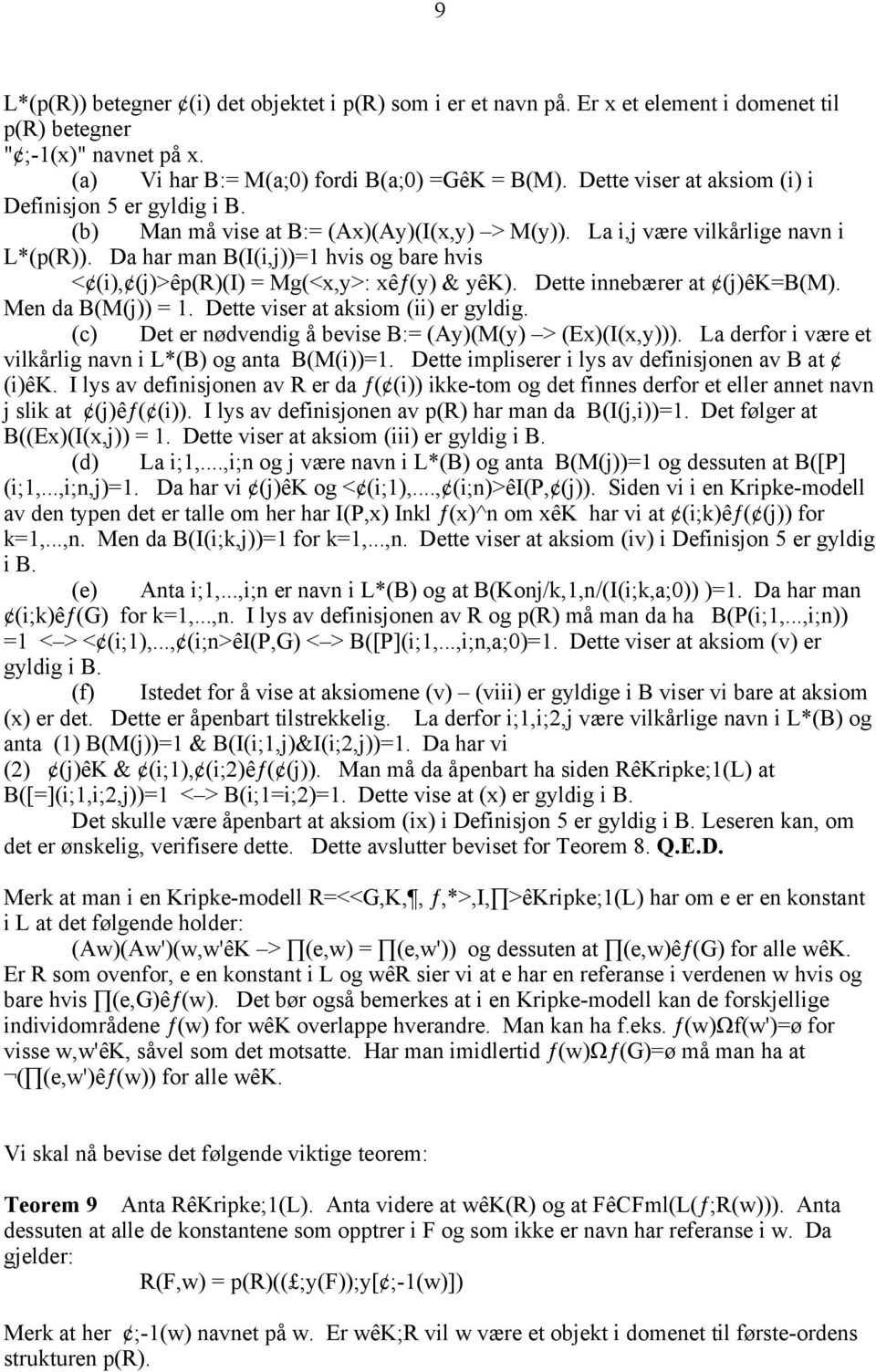 Da har man B(I(i,j))=1 hvis og bare hvis < (i), (j)>êp(r)(i) = Mg(<x,y>: xêƒ(y) & yêk). Dette innebærer at (j)êk=b(m). Men da B(M(j)) = 1. Dette viser at aksiom (ii) er gyldig.