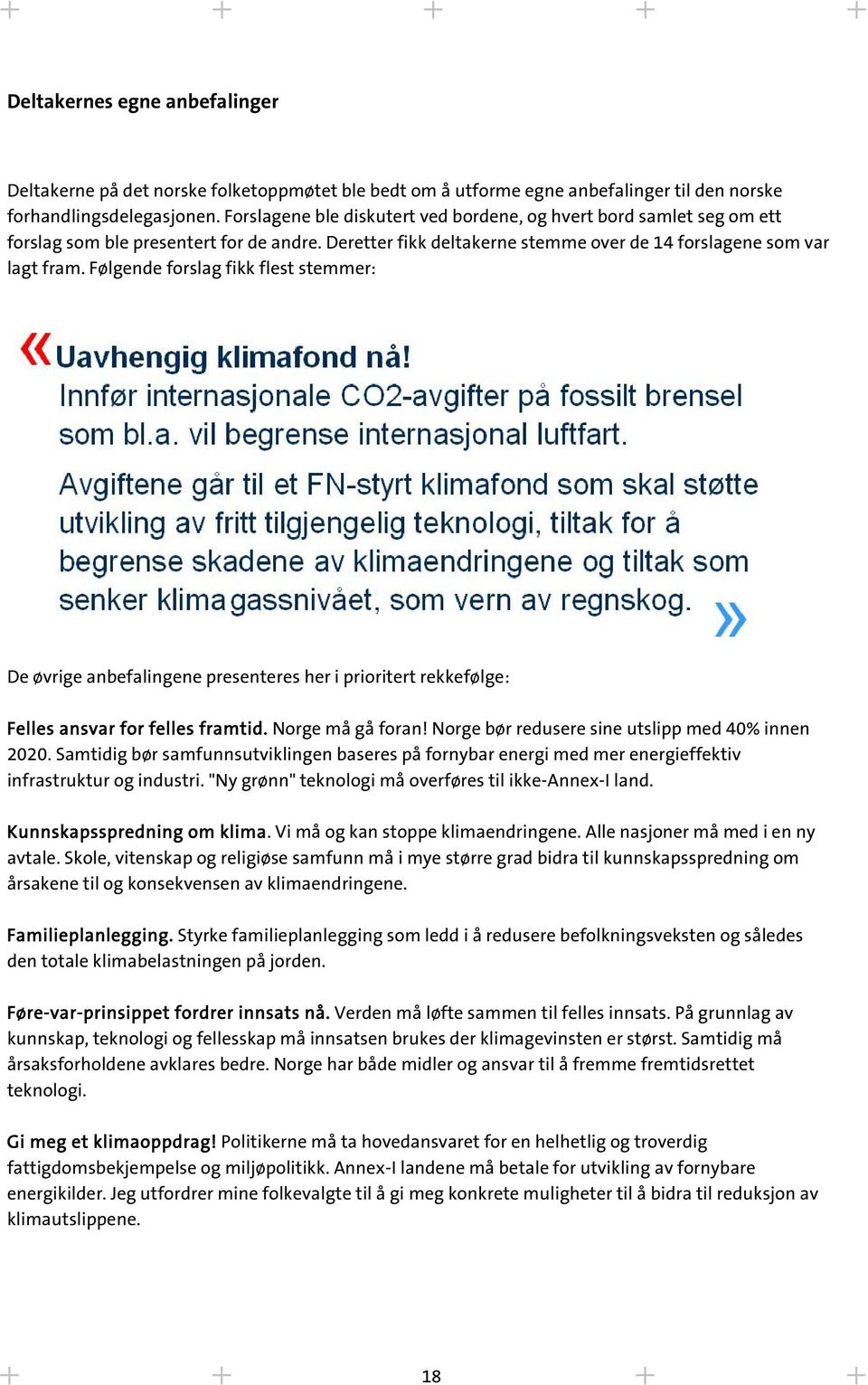 Følgende forslag fikk flest stemmer: De øvrige anbefalingene presenteres her i prioritert rekkefølge: Felles ansvar for felles framtid. Norge må gå foran!