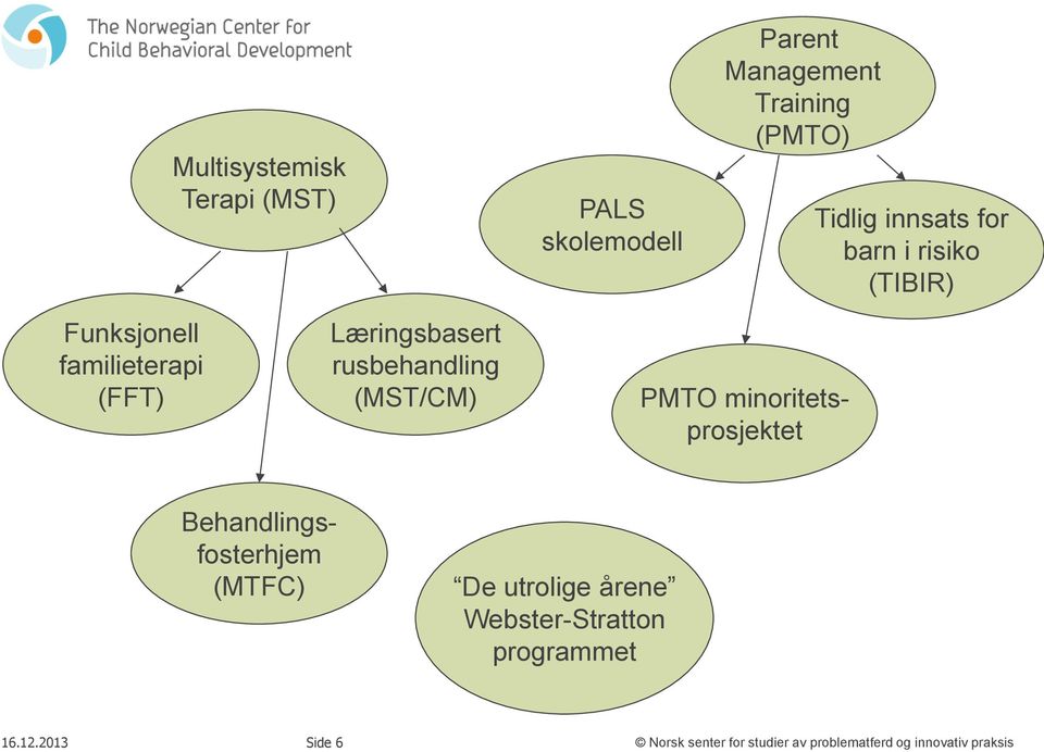 rusbehandling (MST/CM) PMTO minoritetsprosjektet Behandlingsfosterhjem (MTFC) De utrolige