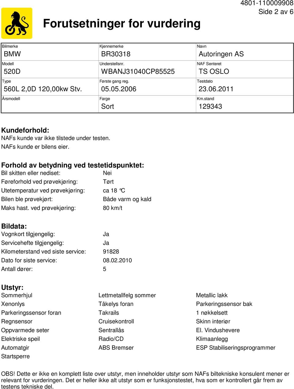 Forhold av betydning ved testetidspunktet: Bil skitten eller nediset: Nei Føreforhold ved prøvekjøring: Tørt Utetemperatur ved prøvekjøring: ca 18 C Bilen ble prøvekjørt: Maks hast.