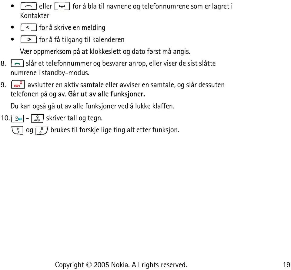 slår et telefonnummer og besvarer anrop, eller viser de sist slåtte numrene i standby-modus. 9.