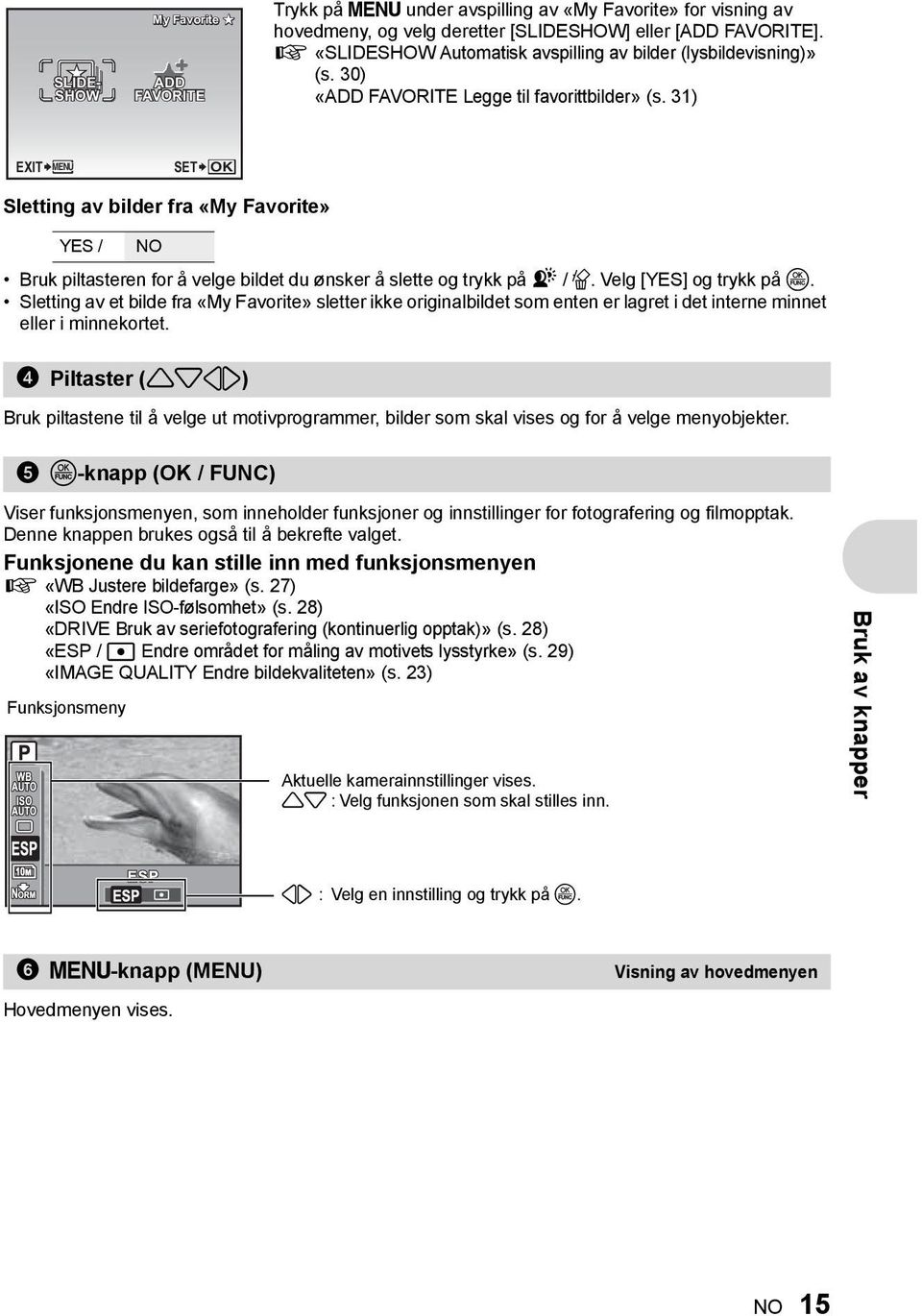 31) EXIT MENU SET OK Sletting av bilder fra «My Favorite» YES / NO Bruk piltasteren for å velge bildet du ønsker å slette og trykk på f / S. Velg [YES] og trykk på o.