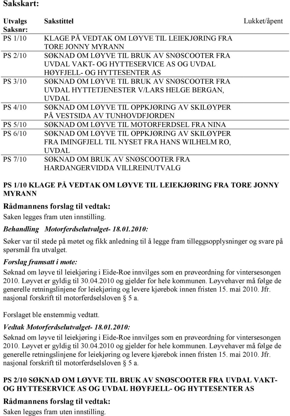 SKILØYPER PÅ VESTSIDA AV TUNHOVDFJORDEN SØKNAD OM LØYVE TIL MOTORFERDSEL FRA NINA SØKNAD OM LØYVE TIL OPPKJØRING AV SKILØYPER FRA IMINGFJELL TIL NYSET FRA HANS WILHELM RO, UVDAL SØKNAD OM BRUK AV