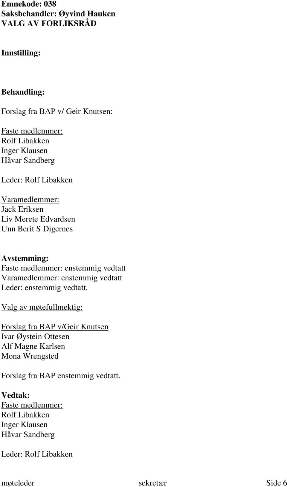 Varamedlemmer: enstemmig vedtatt Leder: enstemmig vedtatt.