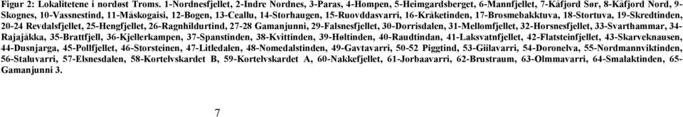 15-Ruovddasvarri, 16-Kråketinden, 17-Brosmebakktuva, 18-Stortuva, 19-Skredtinden, 20-24 Revdalsfjellet, 25-Hengfjellet, 26-Ragnhildurtind, 27-28 Gamanjunni, 29-Falsnesfjellet, 30-Dorrisdalen,