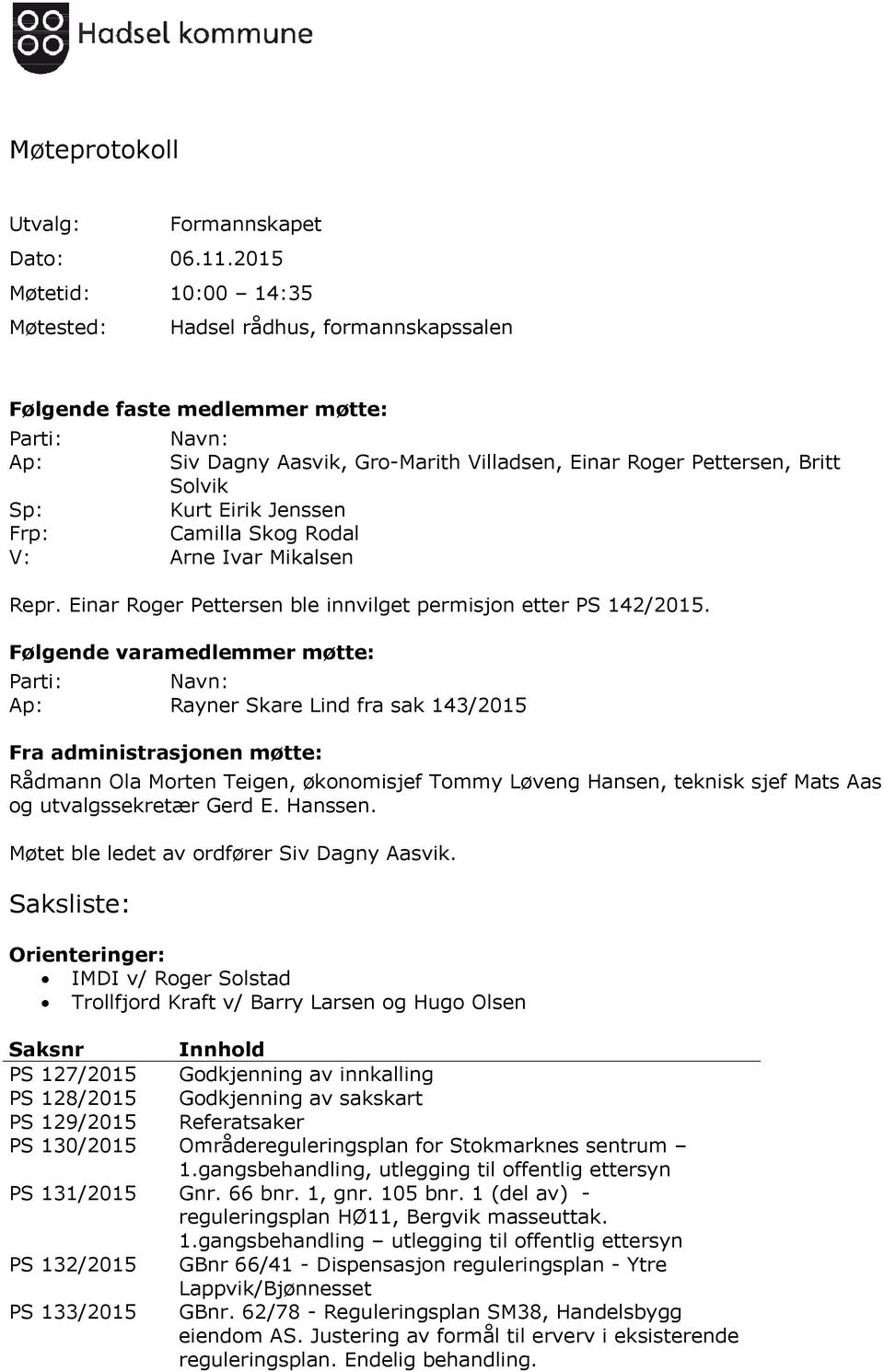Kurt Eirik Jenssen Frp: Camilla Skog Rodal V: Arne Ivar Mikalsen Repr. Einar Roger Pettersen ble innvilget permisjon etter PS 142/2015.