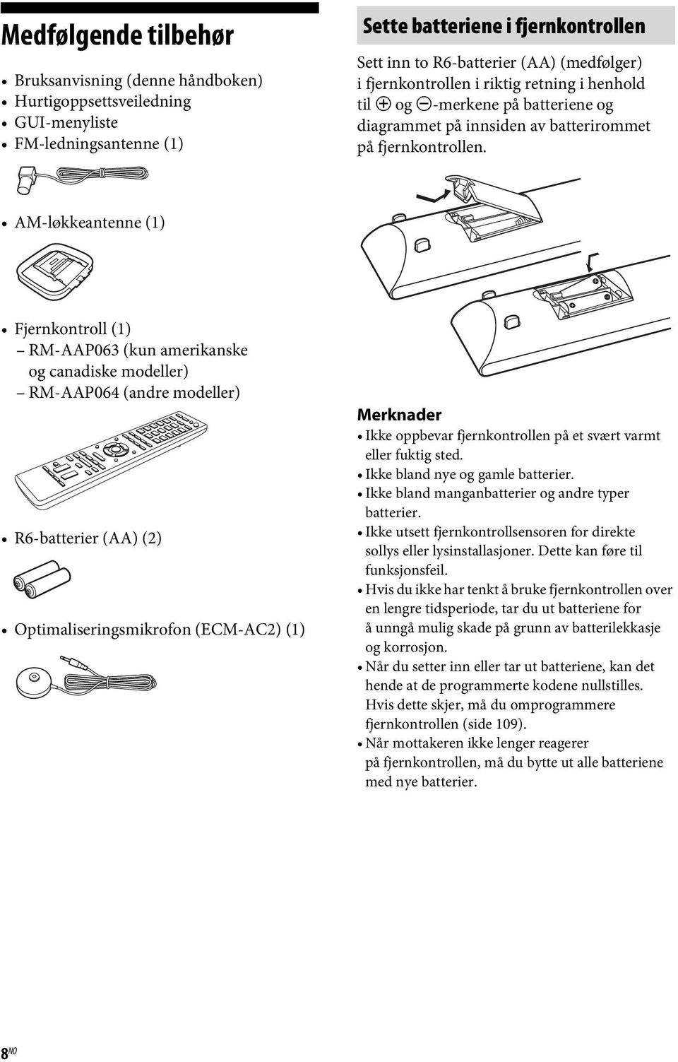 AM-løkkeantenne (1) Fjernkontroll (1) RM-AAP063 (kun amerikanske og canadiske modeller) RM-AAP064 (andre modeller) R6-batterier (AA) (2) Optimaliseringsmikrofon (ECM-AC2) (1) Merknader Ikke oppbevar