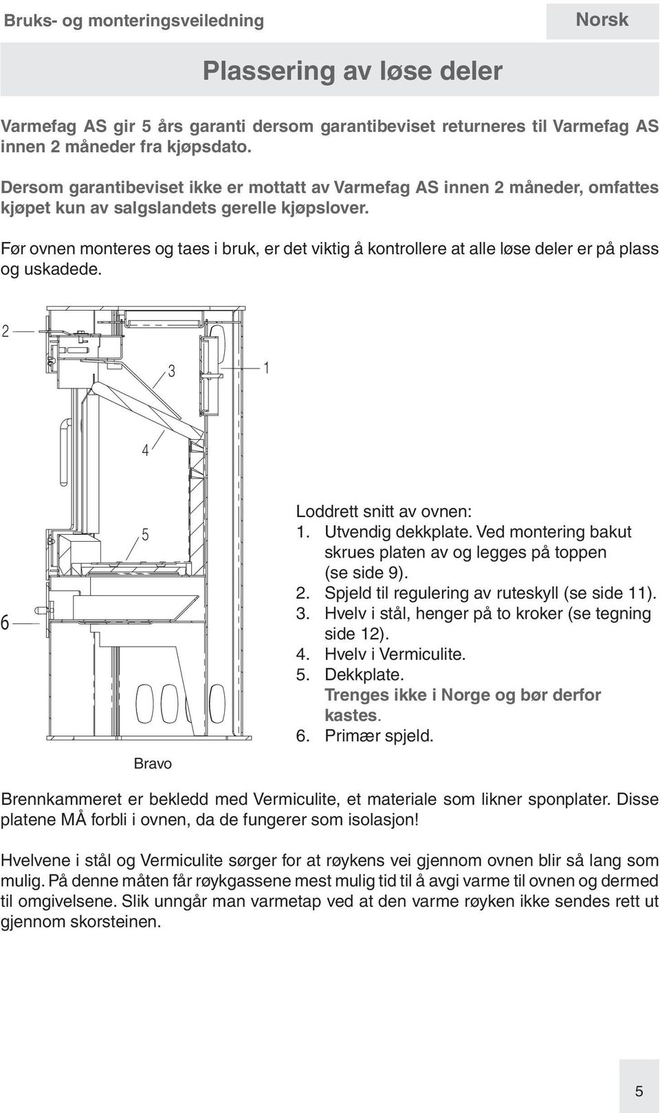 Før ovnen monteres og taes i bruk, er det viktig å kontrollere at alle løse deler er på plass og uskadede. 2 3 1 4 6 5 Bravo Loddrett snitt av ovnen: 1. Utvendig dekkplate.